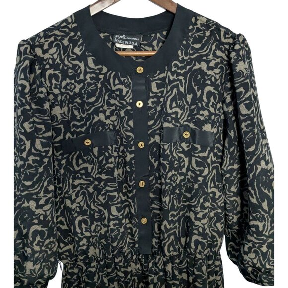 Breli Originals Blk Tan Patterned Dress Button Front Midi Gold Buttons Sz 14 - Picture 8 of 15